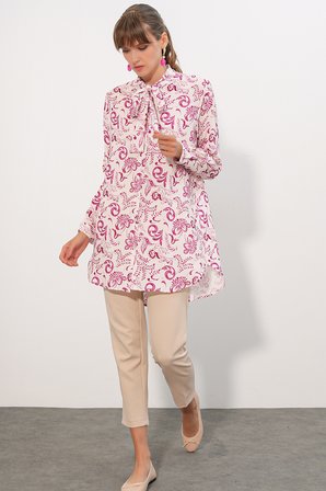 Kadın Desenli Uzun Tunik 5998 - Pembe