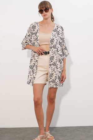 Kadın Desenli Oversize Kimono 5999 - Siyah