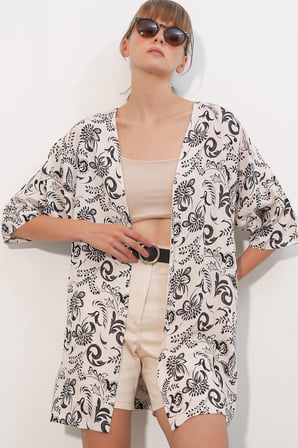 Kadın Desenli Oversize Kimono 5999 - Siyah