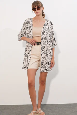 Kadın Desenli Oversize Kimono 5999 - Siyah