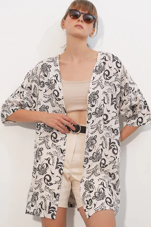 Kadın Desenli Oversize Kimono 5999 - Siyah