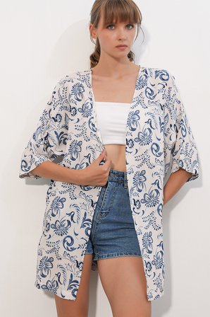 Kadın Desenli Oversize Kimono 5999 - Mavi