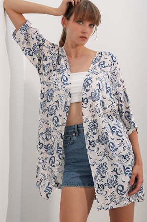 Kadın Desenli Oversize Kimono 5999 - Mavi
