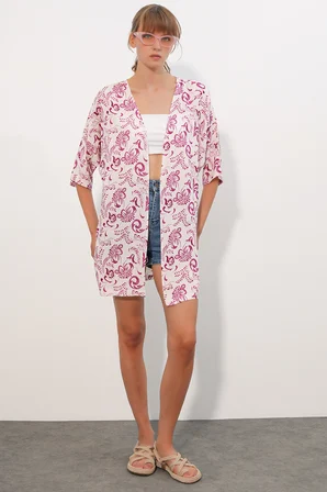Kadın Desenli Oversize Kimono 5999 - Pembe