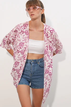 Kadın Desenli Oversize Kimono 5999 - Pembe