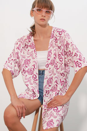 Kadın Desenli Oversize Kimono 5999 - Pembe