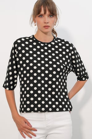 Kadın Puantiyeli Oversize Bluz 40010 - Siyah