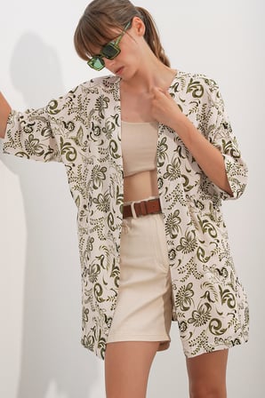 Kadın Desenli Oversize Kimono 5999 - Haki