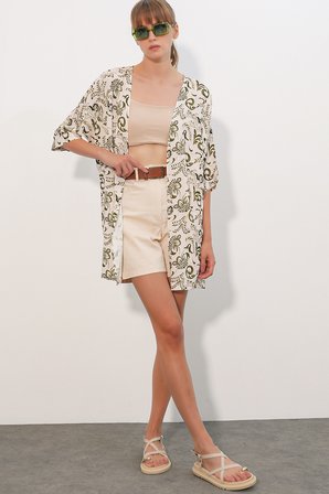 Kadın Desenli Oversize Kimono 5999 - Haki