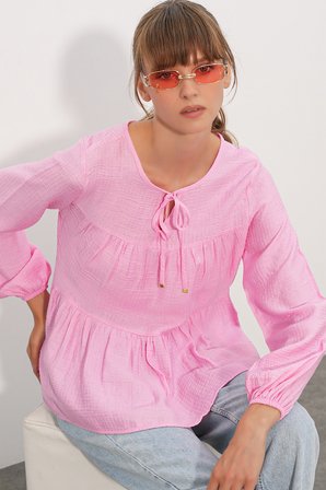 Kadın Uzun Kol Dokulu Bluz 998 - Pembe