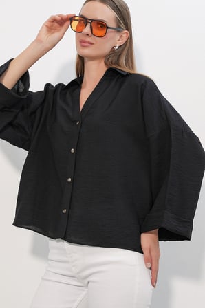 Kadın Geniş Kol Oversize Gömlek 20401 - Siyah