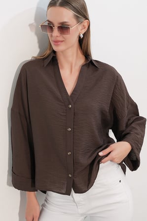 Kadın Geniş Kol Oversize Gömlek 20401 - Kahverengi