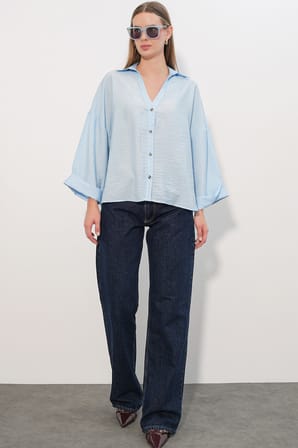 Kadın Geniş Kol Oversize Gömlek 20401 - Mavi