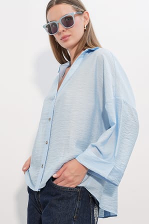 Kadın Geniş Kol Oversize Gömlek 20401 - Mavi