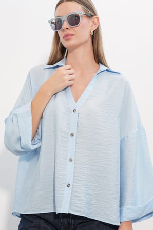 Kadın Geniş Kol Oversize Gömlek 20401 - Mavi