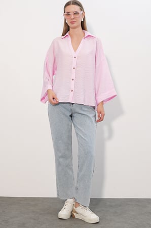 Kadın Geniş Kol Oversize Gömlek 20401 - Pembe