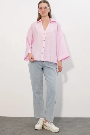 Kadın Geniş Kol Oversize Gömlek 20401 - Pembe