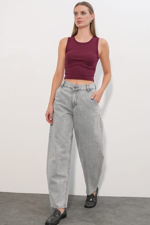 6689 Kadın Yüksek Bel Baggy Kot Pantolon - Gri