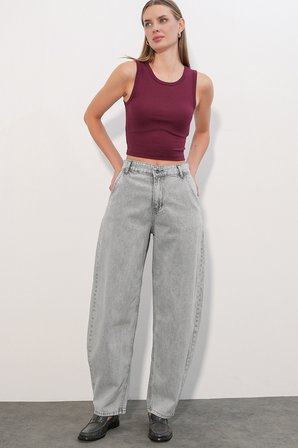 6689 Kadın Yüksek Bel Baggy Kot Pantolon - Gri