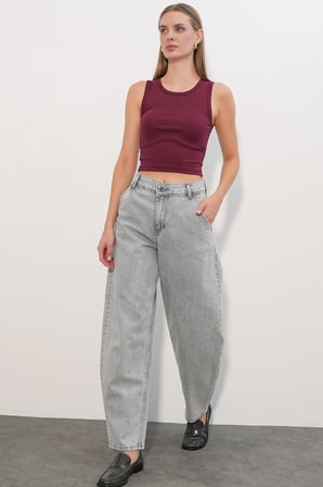 6689 Kadın Yüksek Bel Baggy Kot Pantolon - Gri