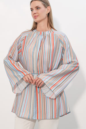 Kadın Çizgili Bağcıklı Oversize Tunik 50009 - Mavi