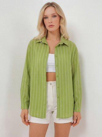 Kadın Çizgili Oversize Gömlek 20293 - E.Yeşil
