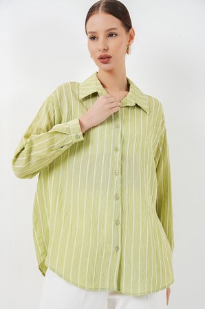 Kadın Çizgili Oversize Gömlek 20293 - E.Yeşil