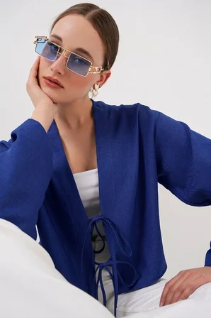 Önü Bağlamalı Keten Kimono 960 - Saks