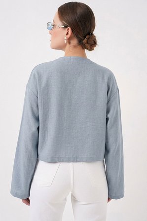 Önü Bağlamalı Keten Kimono 960 - Açık Mavi