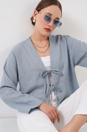 Önü Bağlamalı Keten Kimono 960 - Açık Mavi