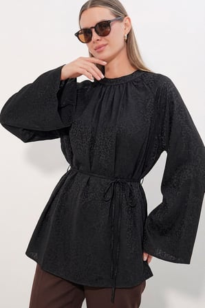 Kadın Çizgili Bağcıklı Oversize Tunik 50009 - Siyah