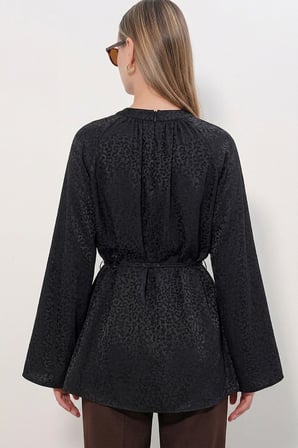 Kadın Çizgili Bağcıklı Oversize Tunik 50009 - Siyah
