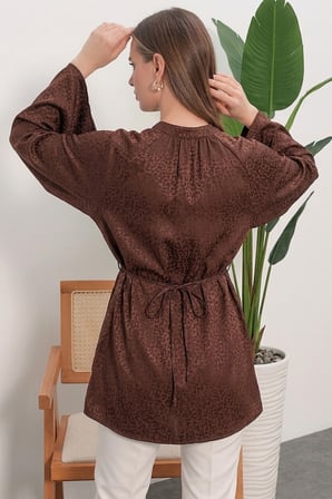 Kadın Çizgili Bağcıklı Oversize Tunik 50009 - Kahverengi
