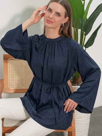Kadın Çizgili Bağcıklı Oversize Tunik 50009 - Lacivert