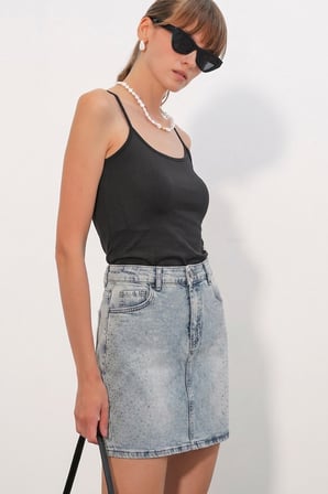 Kadın Puantiyeli Mini Kot Etek 8086 - Mavi