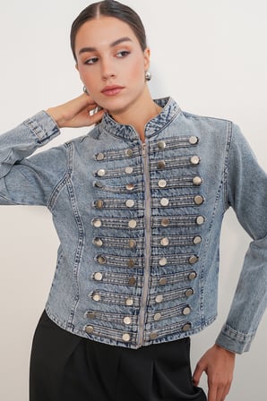 Kadın Dar Kesim Düğmeli Denim Ceket 0764 - Mavi