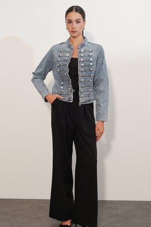 Kadın Dar Kesim Düğmeli Denim Ceket 0764 - Mavi