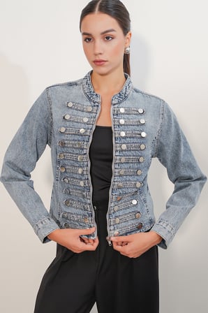 Kadın Dar Kesim Düğmeli Denim Ceket 0764 - Mavi