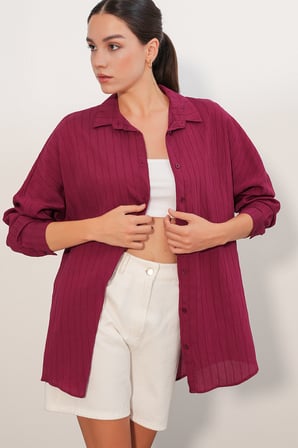 Kadın Çizgi Detaylı Oversize Gömlek 20407 - Bordo