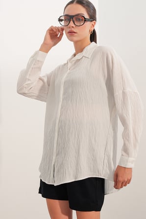 Kadın Çizgi Detaylı Oversize Gömlek 20407 - Beyaz