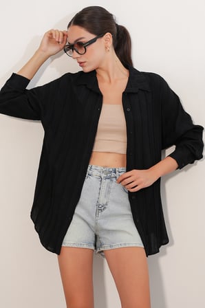 Kadın Çizgili Oversize Gömlek 20408 - Siyah
