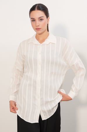 Kadın Çizgili Oversize Gömlek 20408 - Beyaz