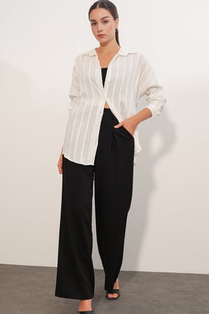 Kadın Çizgili Oversize Gömlek 20408 - Beyaz