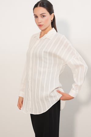 Kadın Çizgili Oversize Gömlek 20408 - Beyaz