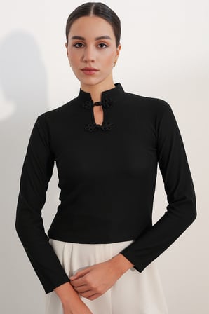 Kadın Uzun Kol Dik Yaka Bluz 40043 - Siyah