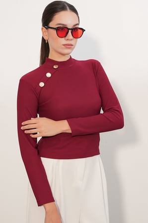 Kadın Düğme Detaylı Uzun Kol Bluz 40044 - Bordo