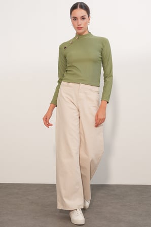 Kadın Düğme Detaylı Uzun Kol Bluz 40044 - Çağla