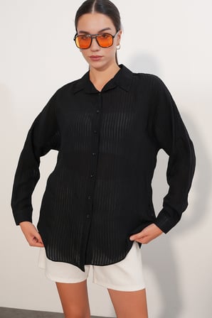 Kadın Çizgili Oversize Gömlek 20409 - Siyah