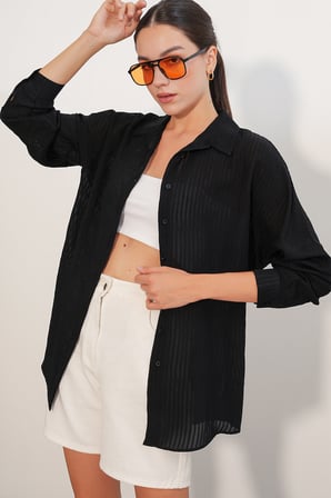 Kadın Çizgili Oversize Gömlek 20409 - Siyah