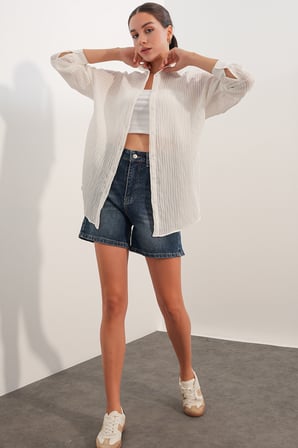 Kadın Çizgili Oversize Gömlek 20409 - Beyaz